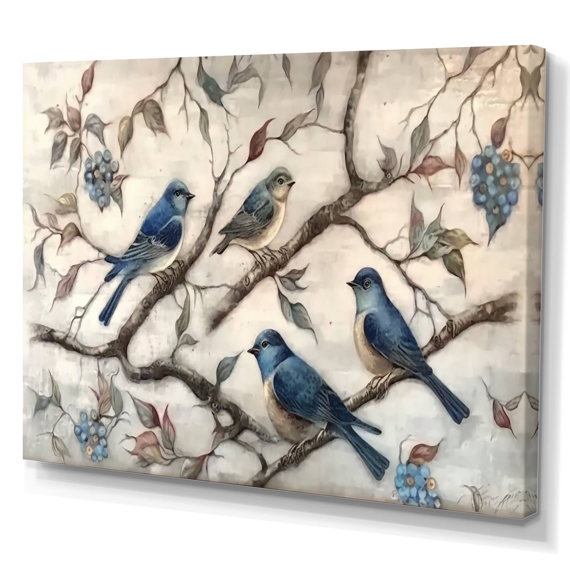 Designart "Four Vintage Blue Birds On A Branch II" Animals Bird Canvas
